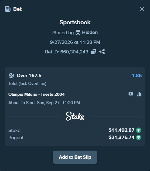 Bet slip: Olimpia Milano - Pallacanestro Trieste 2004, $11,492.87 stake at 1.86 odds, placed by Theketkitkitty