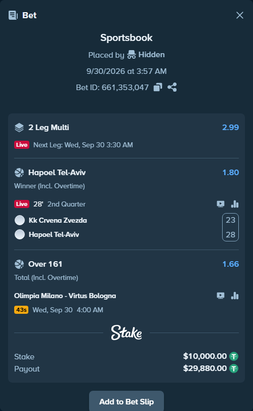 Bet slip: Olimpia Milano - Virtus Bologna, $10,000.00 stake at 1.66 odds, placed by Theketkitkitty