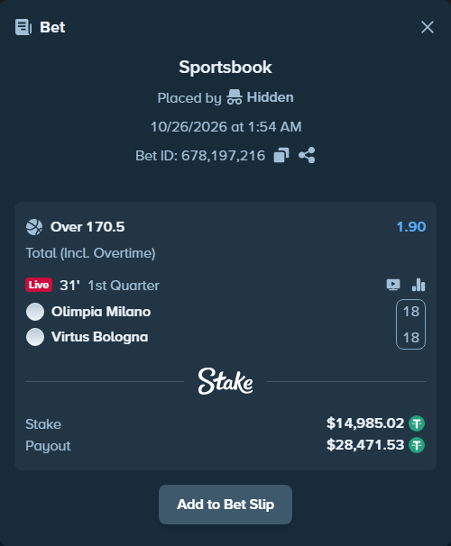 Bet slip: Olimpia Milano - Virtus Bologna, $15,000.00 stake at 1.90 odds, placed by Theketkitkitty