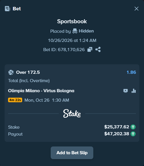 Bet slip: Olimpia Milano - Virtus Bologna, $25,403.00 stake at 1.86 odds, placed by Theketkitkitty