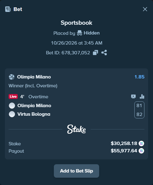 Bet slip: Olimpia Milano - Virtus Bologna, $30,251.89 stake at 1.85 odds, placed by Prettylfacko98