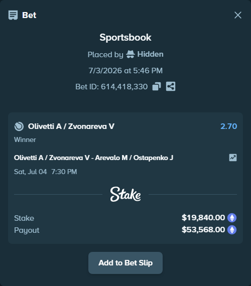 Bet slip: Olivetti A / Zvonareva V - Arevalo M / Ostapenko J, $20,611.13 stake at 2.70 odds, placed by Hidden