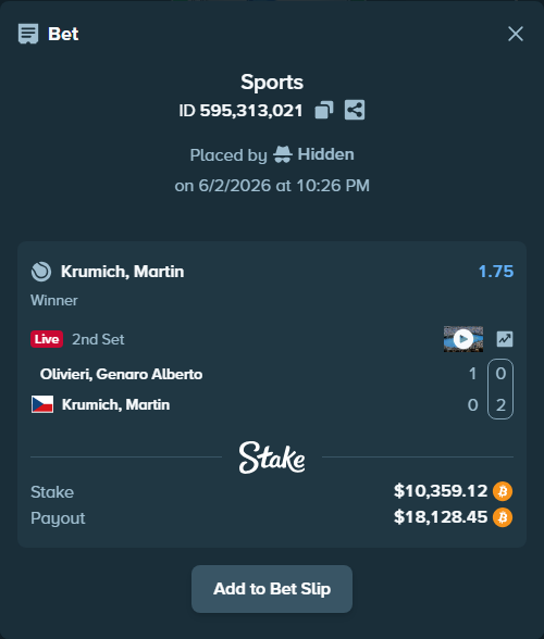 Bet slip: Olivieri, Genaro Alberto - Krumich, Martin, $9,649.50 stake at 1.75 odds, placed by Hidden