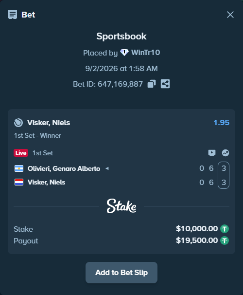 Bet slip: Olivieri, Genaro Alberto - Visker, Niels, $10,000.00 stake at 1.95 odds, placed by WinTr10
