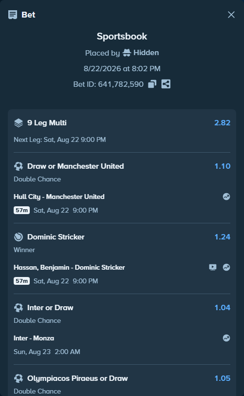 Bet slip: Olympiacos Piraeus - Atromitos Athinon, $125,000.00 stake at 1.05 odds, placed by Hidden
