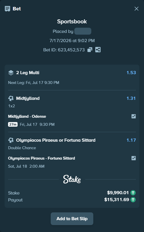 Bet slip: Olympiacos Piraeus - Fortuna Sittard, $10,000.00 stake at 1.17 odds, placed by Jephthah2