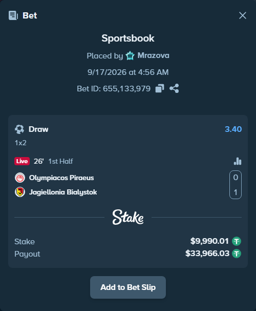 Bet slip: Olympiacos Piraeus - Jagiellonia Bialystok, $10,000.00 stake at 3.40 odds, placed by Mrazova