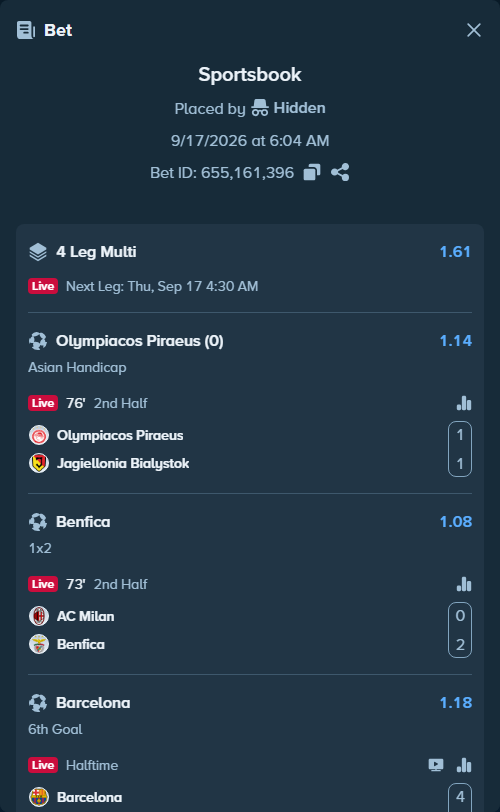 Bet slip: Olympiacos Piraeus - Jagiellonia Bialystok, $11,467.00 stake at 1.14 odds, placed by Hidden