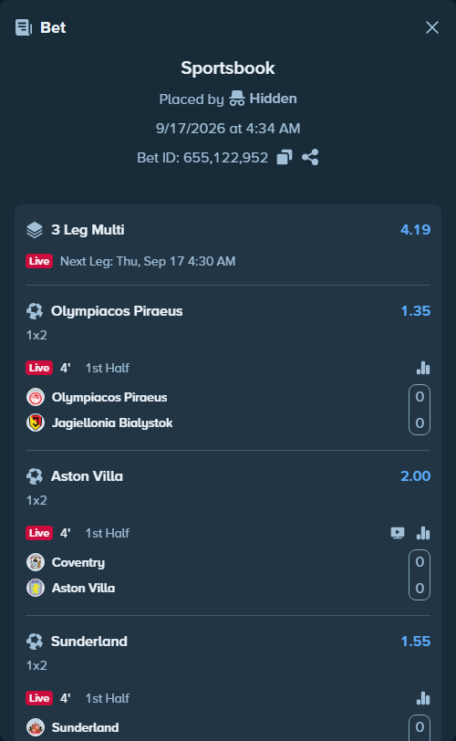 Bet slip: Olympiacos Piraeus - Jagiellonia Bialystok, $40,000.00 stake at 1.35 odds, placed by Hidden