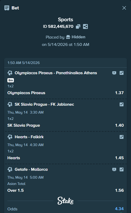 Bet slip: Olympiacos Piraeus - Panathinaikos Athens, $16,248.00 stake at 1.37 odds, placed by Hidden