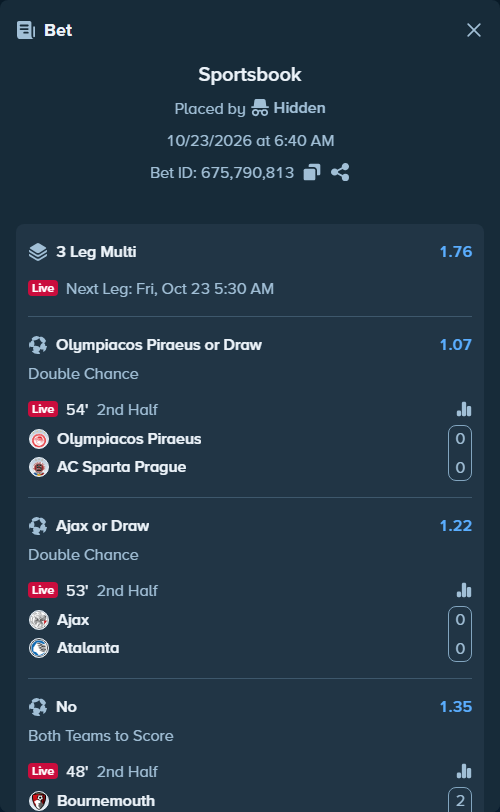 Bet slip: Olympiacos Piraeus - Sparta Prague, $10,000.00 stake at 1.07 odds, placed by Hidden