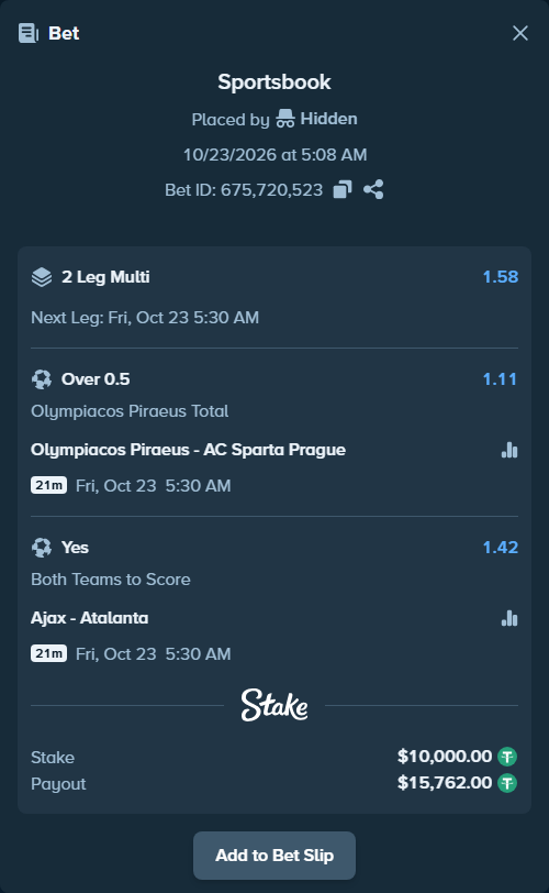 Bet slip: Olympiacos Piraeus - Sparta Prague, $10,010.00 stake at 1.11 odds, placed by Hidden