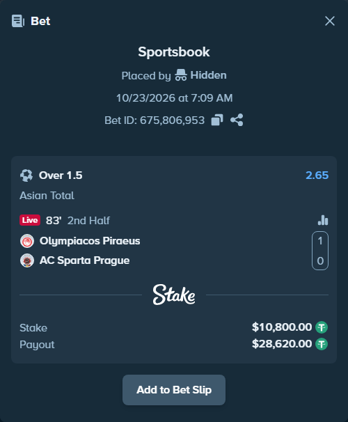 Bet slip: Olympiacos Piraeus - Sparta Prague, $10,810.80 stake at 2.65 odds, placed by Hidden