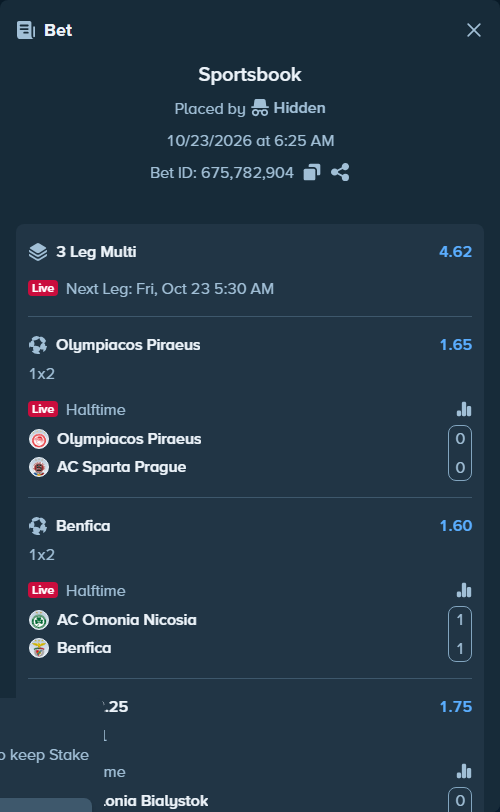 Bet slip: Olympiacos Piraeus - Sparta Prague, $23,023.00 stake at 1.65 odds, placed by Hidden