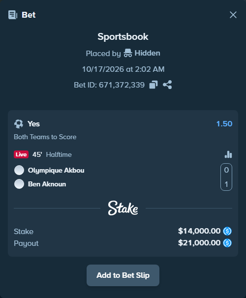 Bet slip: Olympique Akbou - Ben Aknoun, $14,000.00 stake at 1.50 odds, placed by Kingofgames56