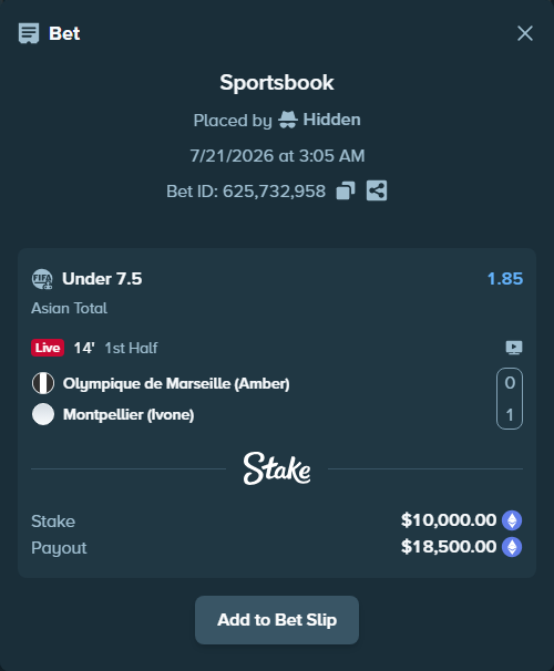Bet slip: Olympique de Marseille (Amber) - Montpellier (Ivone), $10,029.93 stake at 1.85 odds, placed by Hidden