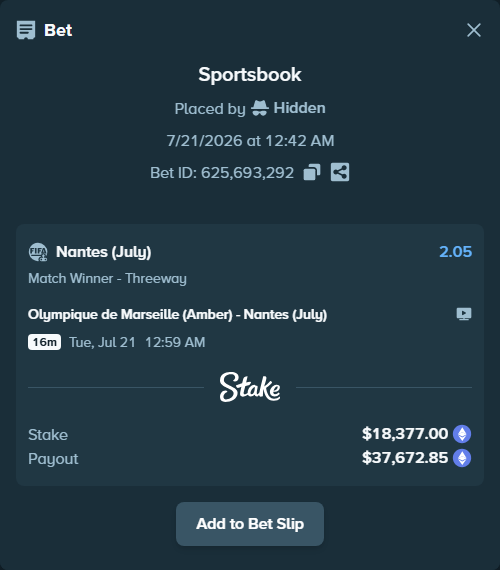 Bet slip: Olympique de Marseille (Amber) - Nantes (July), $18,757.14 stake at 2.05 odds, placed by Hidden