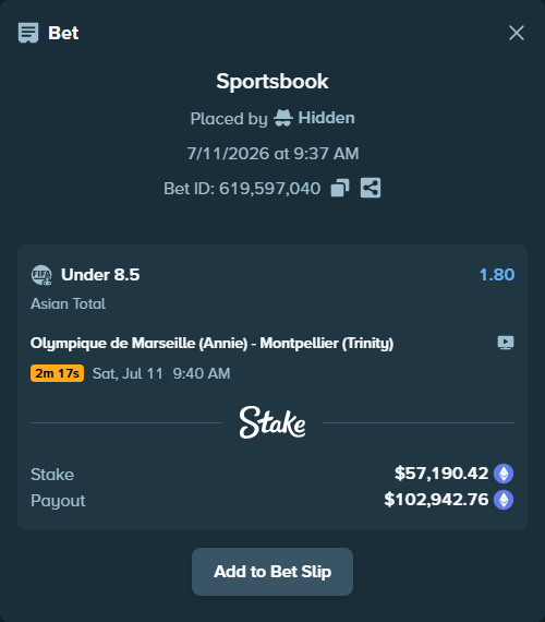 Bet slip: Olympique de Marseille (Annie) - Montpellier (Trinity), $60,625.70 stake at 1.80 odds, placed by Hidden