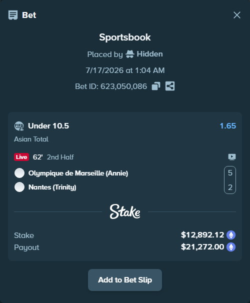Bet slip: Olympique de Marseille (Annie) - Nantes (Trinity), $13,060.70 stake at 1.65 odds, placed by Hidden