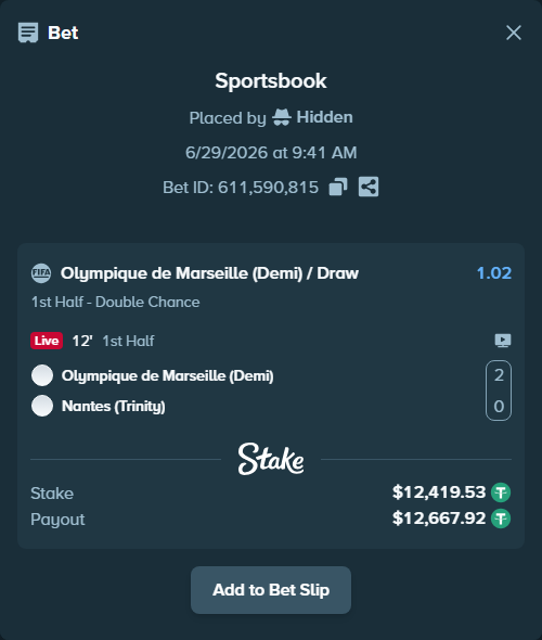 Bet slip: Olympique de Marseille (Demi) - Nantes (Trinity), $12,431.95 stake at 1.02 odds, placed by Hidden