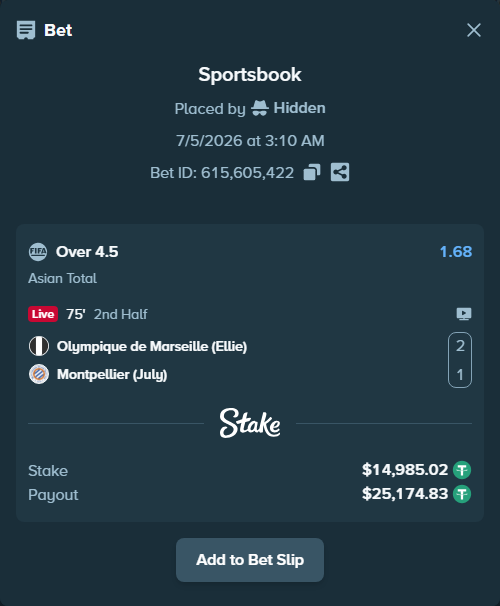 Bet slip: Olympique de Marseille (Ellie) - Montpellier (July), $15,000.00 stake at 1.68 odds, placed by wswrj2008