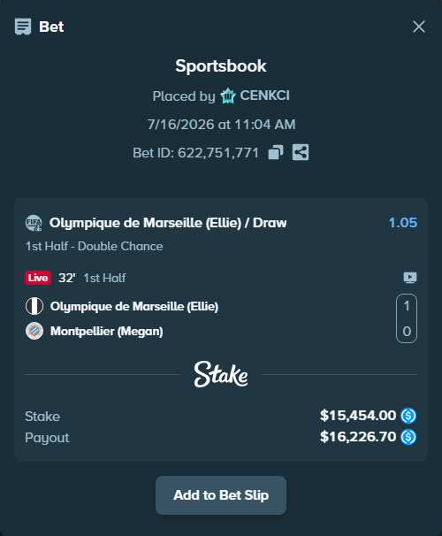 Bet slip: Olympique de Marseille (Ellie) - Montpellier (Megan), $15,454.00 stake at 1.05 odds, placed by CENKCI
