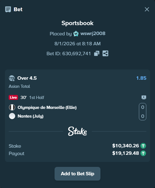 Bet slip: Olympique de Marseille (Ellie) - Nantes (July), $10,350.60 stake at 1.85 odds, placed by wswrj2008