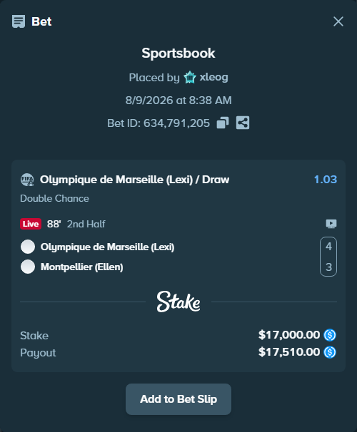 Bet slip: Olympique de Marseille (Lexi) - Montpellier (Ellen), $17,000.00 stake at 1.03 odds, placed by xleog
