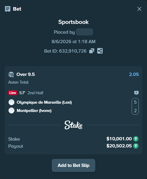Bet slip: Olympique de Marseille (Lexi) - Montpellier (Ivone), $10,011.00 stake at 2.05 odds, placed by wswrj2008