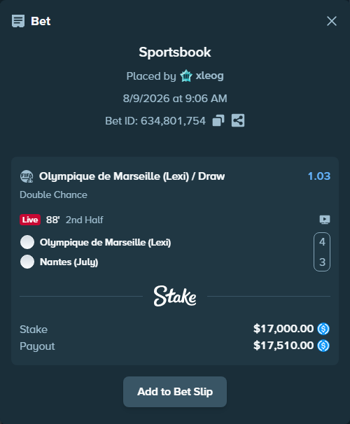 Bet slip: Olympique de Marseille (Lexi) - Nantes (July), $17,000.00 stake at 1.03 odds, placed by xleog