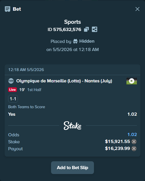 Bet slip: Olympique de Marseille (Lotta) - Nantes (July), $13,096.99 stake at 1.02 odds, placed by Hidden