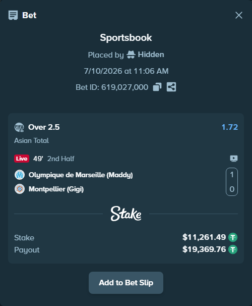 Bet slip: Olympique de Marseille (Maddy) - Montpellier (Gigi), $11,272.75 stake at 1.72 odds, placed by Governomazika
