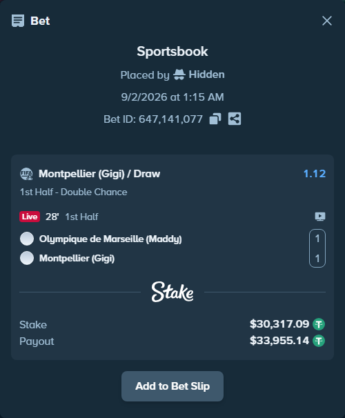 Bet slip: Olympique de Marseille (Maddy) - Montpellier (Gigi), $30,317.09 stake at 1.12 odds, placed by Hidden