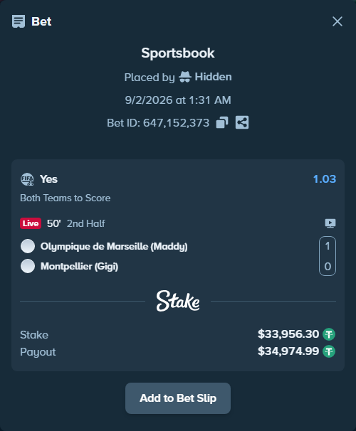 Bet slip: Olympique de Marseille (Maddy) - Montpellier (Gigi), $33,956.30 stake at 1.03 odds, placed by Hidden