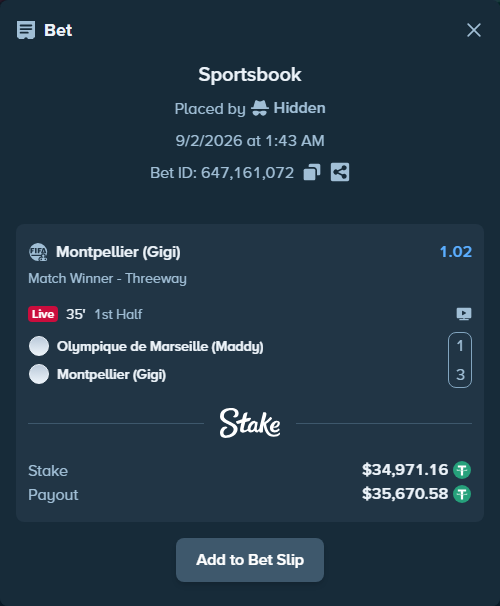 Bet slip: Olympique de Marseille (Maddy) - Montpellier (Gigi), $34,971.16 stake at 1.02 odds, placed by Hidden