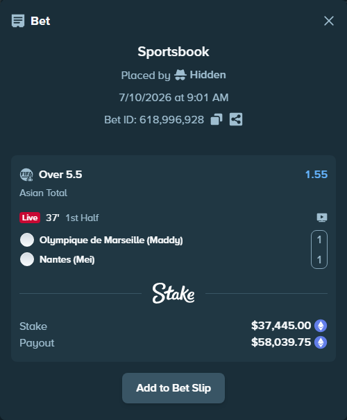 Bet slip: Olympique de Marseille (Maddy) - Nantes (Mei), $40,905.28 stake at 1.55 odds, placed by Hidden