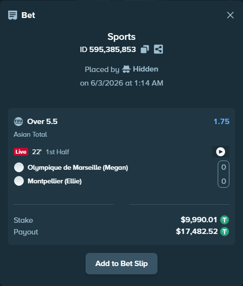 Bet slip: Olympique de Marseille (Megan) - Montpellier (Ellie), $10,000.00 stake at 1.75 odds, placed by wswrj2008