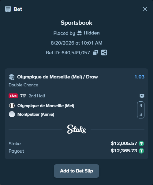 Bet slip: Olympique de Marseille (Mei) - Montpellier (Annie), $12,017.57 stake at 1.03 odds, placed by Hidden