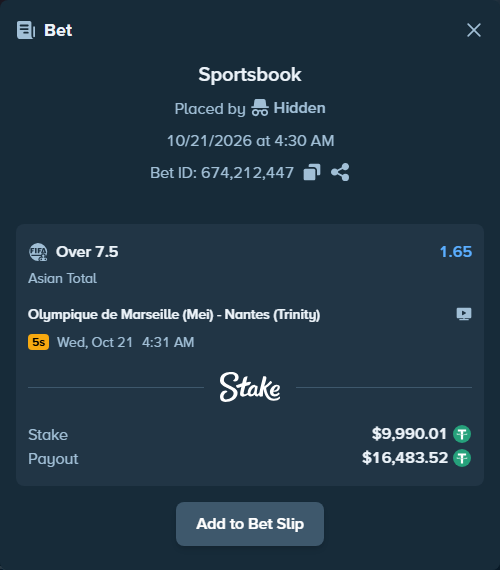 Bet slip: Olympique de Marseille (Mei) - Nantes (Trinity), $10,000.00 stake at 1.65 odds, placed by Hidden