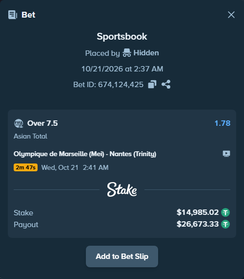 Bet slip: Olympique de Marseille (Mei) - Nantes (Trinity), $15,000.00 stake at 1.78 odds, placed by Hidden