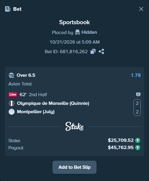 Bet slip: Olympique de Marseille (Quinnie) - Montpellier (July), $25,735.23 stake at 1.78 odds, placed by Hidden
