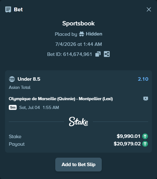 Bet slip: Olympique de Marseille (Quinnie) - Montpellier (Lexi), $10,000.00 stake at 2.10 odds, placed by Hidden