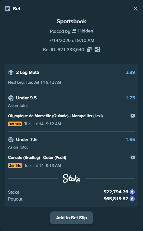 Bet slip: Olympique de Marseille (Quinnie) - Montpellier (Lexi), $24,580.30 stake at 1.75 odds, placed by Hidden