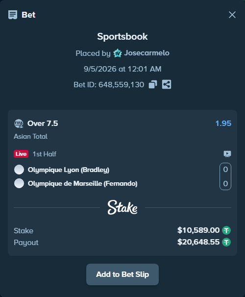 Bet slip: Olympique Lyon (Bradley) - Olympique de Marseille (Fernando), $10,589.00 stake at 1.95 odds, placed by Josecarmelo