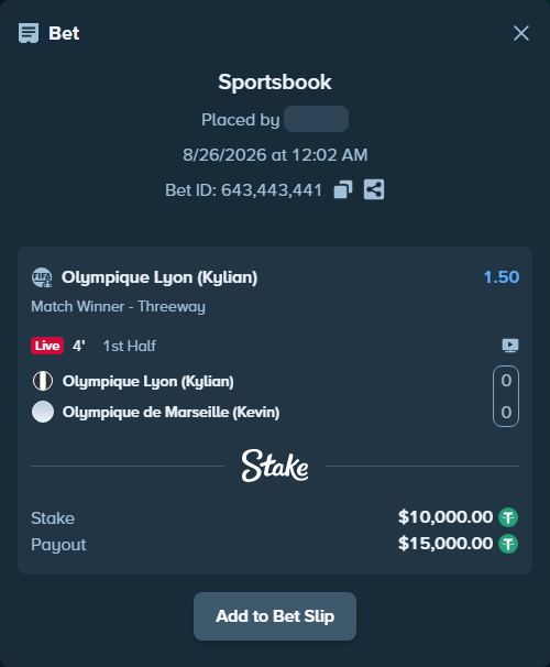 Bet slip: Olympique Lyon (Kylian) - Olympique de Marseille (Kevin), $10,000.00 stake at 1.50 odds, placed by Josecarmelo