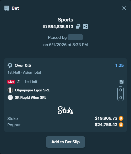 Bet slip: Olympique Lyon SRL - SK Rapid Wien SRL, $17,532.54 stake at 1.25 odds, placed by ninafreak
