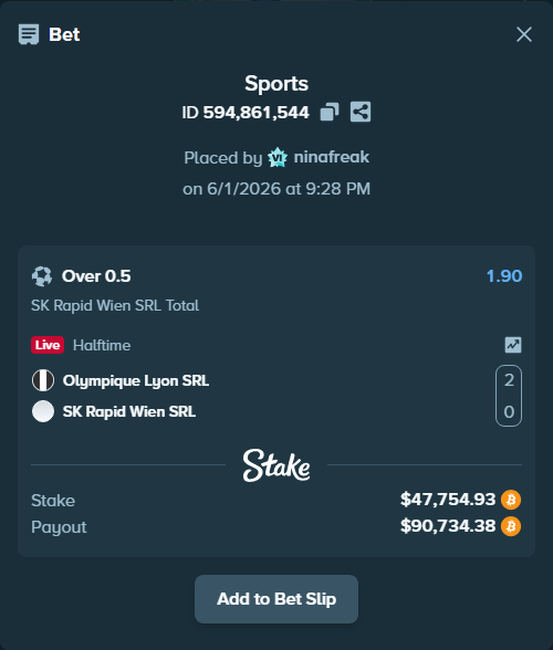 Bet slip: Olympique Lyon SRL - SK Rapid Wien SRL, $42,333.19 stake at 1.90 odds, placed by ninafreak