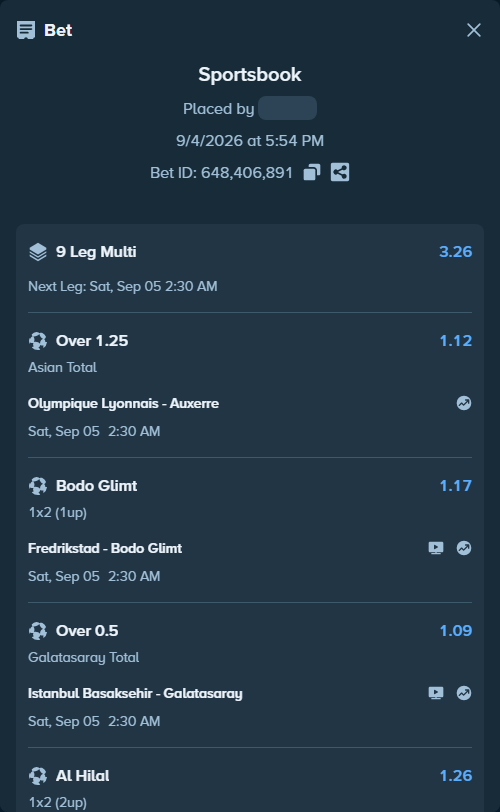 Bet slip: Olympique Lyonnais - Auxerre, $10,000.00 stake at 1.12 odds, placed by LATERAL007
