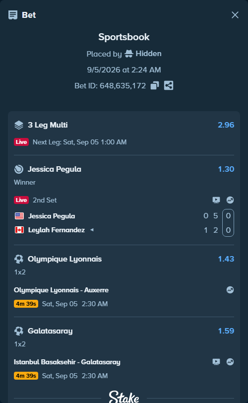 Bet slip: Olympique Lyonnais - Auxerre, $49,995.00 stake at 1.43 odds, placed by Hidden