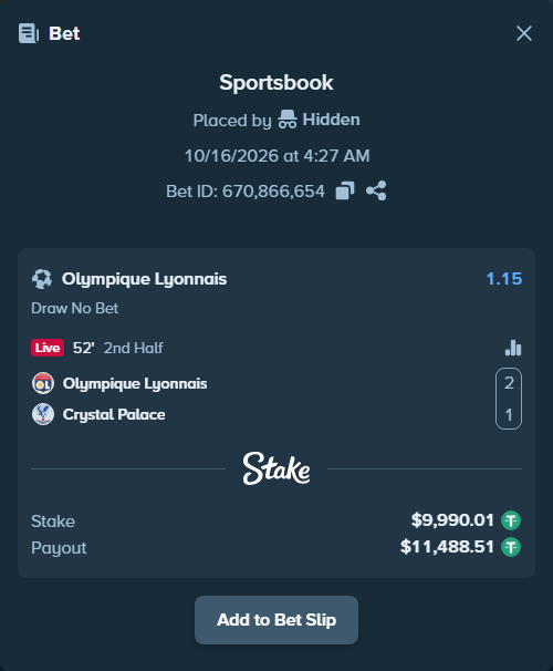 Bet slip: Olympique Lyonnais - Crystal Palace, $10,000.00 stake at 1.15 odds, placed by oscardv1981